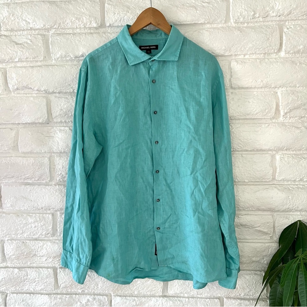 Michael Kors Teal Casual Button Down Shirt 100% Linen
